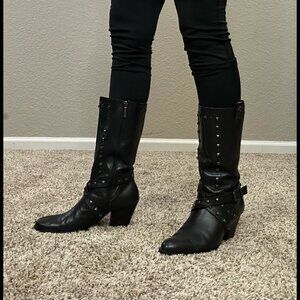 Black Harley Davidson Leather Motorcycle Boots Metal 10" Shaft Straps Dress 8